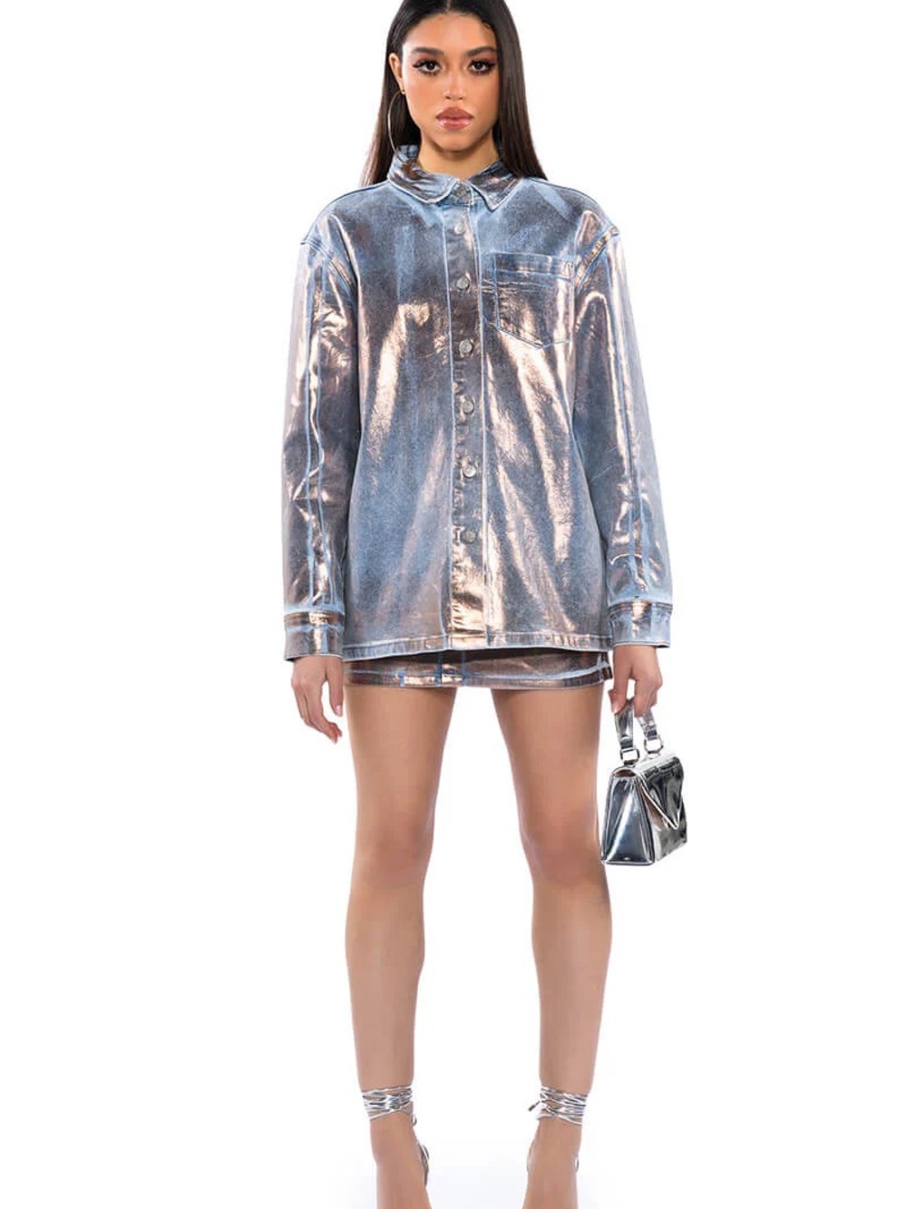 Akira Golden Hour Foil Effect Demin Skirt and Jean Jacket Matching Set
